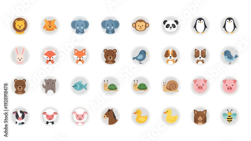 Cute cartoon animal icons collection for children's designs and educational materials.