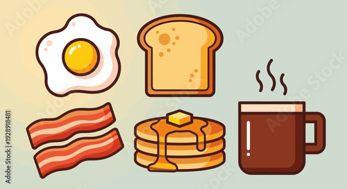 Delicious Breakfast Food Icons: Fried Egg, Bacon, Pancakes, Toast, Coffee