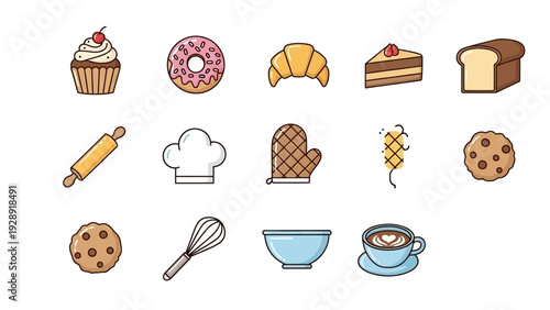 Collection of various baking and dessert icons including cupcakes, donuts, bread, and kitchen tools.