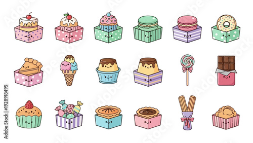 Collection of cute cartoon desserts and sweets with kawaii faces, including cakes, macarons, donuts, ice cream, and chocolate.
