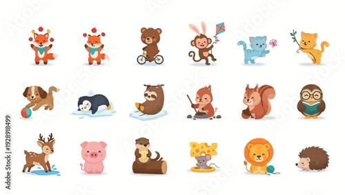 Cute cartoon animals performing various activities, including a fox juggling, a bear riding a bicycle, and a monkey flying a kite.
