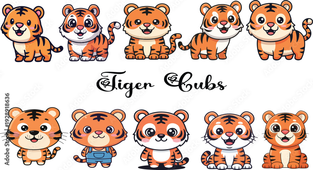 Fototapeta premium Cartoon Tiger Cubs in Various Poses.