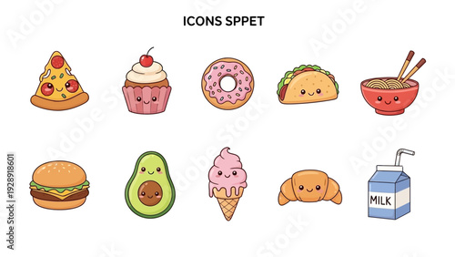Collection of adorable kawaii food icons including pizza, cupcake, donut, taco, noodles, burger, avocado, ice cream, croissant, and milk carton.