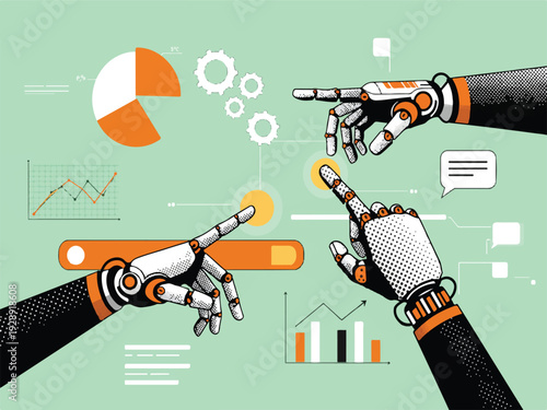 Robotic hands pointing at each other with business charts and graphs around on green background