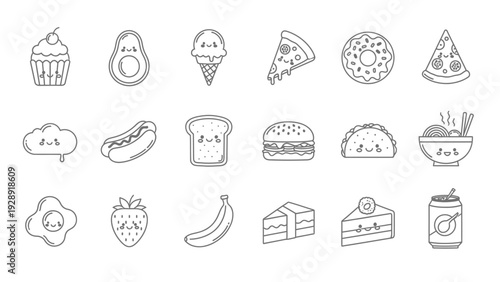 Collection of cute and funny food items with kawaii faces, black and white line art illustration.
