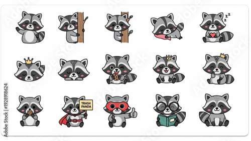 Cute cartoon raccoons in various poses and expressions, adorable animal character vector set.