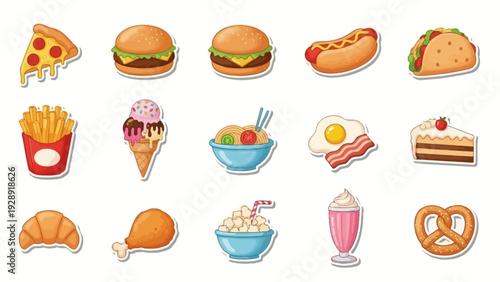 Collection of various fast food and dessert items in a cartoon sticker style on a white background.