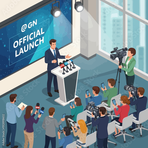 Businessman at a press conference announcing an official launch.