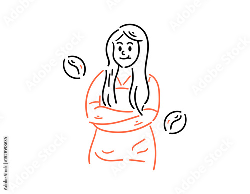 Illustration of a female barista posing confidently with a coffee bean symbol. Coffee maker. Beautiful and young barista. Profession or occupation. Character with simple line or doodle style.
