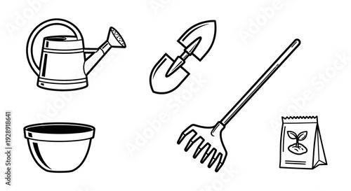 Gardening Tools and Supplies Illustration: Watering Can, Pot, Rake, Trowel, Seeds
