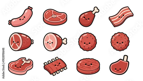 Cute cartoon meat characters set with happy faces, including steak, sausage, bacon, and ribs, on a white background.