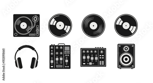 Dj Equipment Icons: Turntable, Vinyl Records, Mixer, Headphones, Speaker