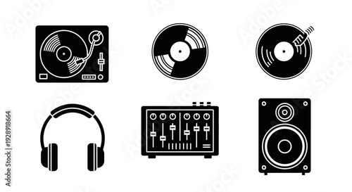 DJ Equipment Icons: Turntable, Vinyl Records, Mixer, Headphones, Speaker