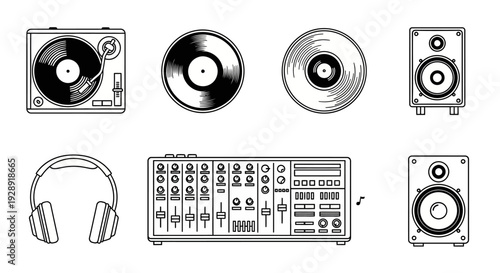 DJ Equipment Vector Icons: Turntable, Vinyl Records, Mixer, Speakers, Headphones