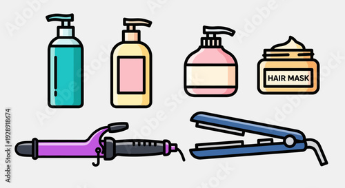 Hair Care Products and Styling Tools Icons Set