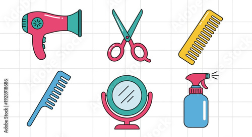 Hair Salon Icons: Hair Dryer, Scissors, Combs, Mirror, Spray Bottle