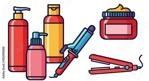 Hair Styling Tools and Products Collection: Curling Iron, Straightener, Shampoo, Conditioner, Gel