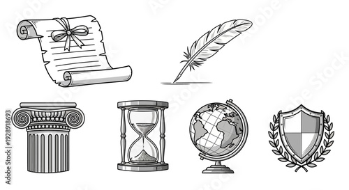 Historical Symbols Set: Scroll, Quill, Column, Hourglass, Globe, Shield