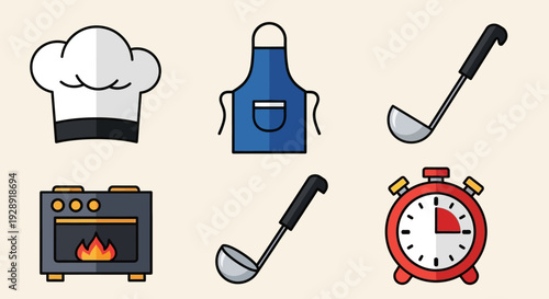 Kitchen Tools and Chef Hat Flat Icons Set