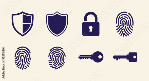 Security Icons: Shield, Lock, Fingerprint, Key - Cybersecurity, Access, Protection