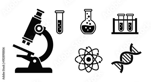 Science Icons: Microscope, DNA, Atom, Test Tubes, Flask