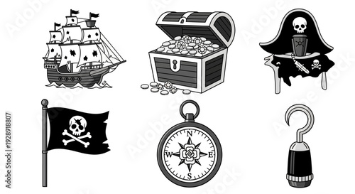 Pirate Icons Set: Ship, Treasure Chest, Hat, Flag, Compass, Hook