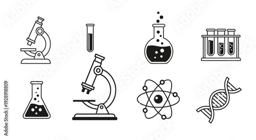 Science Icons Set: Microscope, DNA, Atom, Test Tubes, Flasks