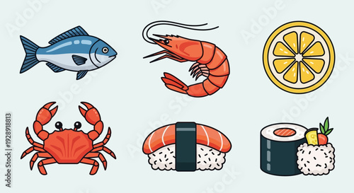Seafood Icons: Fish, Shrimp, Crab, Lemon, Sushi and Maki Rolls