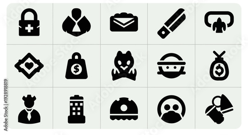 Set of Black Icons: Security, Finance, Crime, and Business Symbols