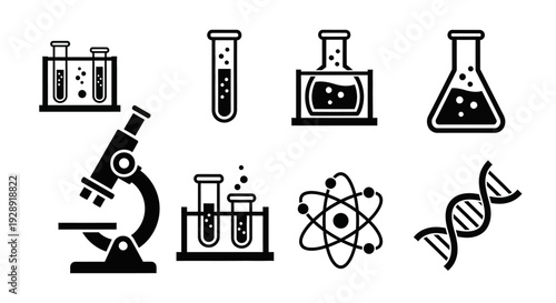 Science Icons: Microscope, DNA, Atom, Test Tubes, Flasks - Black & White