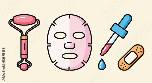 Skincare Routine Essentials: Face Roller, Sheet Mask, Dropper, Bandage Icons