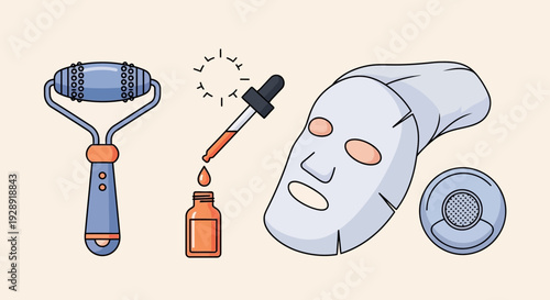 Skincare Routine Flat Lay: Face Roller, Serum Dropper, Sheet Mask, and Gua Sha Tool