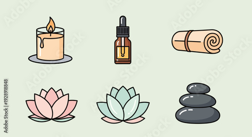 Spa Icons: Candle, Oil Dropper, Rolled Towel, Lotus Flowers, and Stones