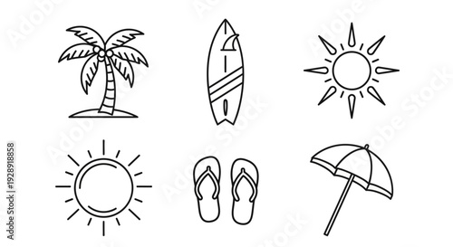 Summer Vacation Icons: Palm Tree, Surfboard, Sun, Flip Flops, Umbrella - Line Art