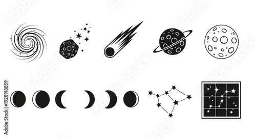 Space Icons Vector: Galaxy, Planets, Moon, Comet, Constellation, Phases