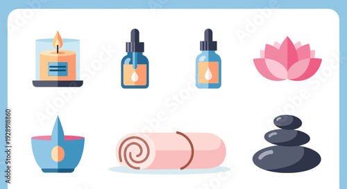 Spa and Wellness Icons: Candle, Essential Oils, Lotus Flower, Towel, Stones