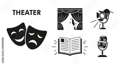 Theater Icons: Masks, Stage, Spotlight, Book, Microphone