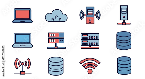 Technology Icons: Cloud, Servers, Laptops, Database, Wi-Fi, Networking