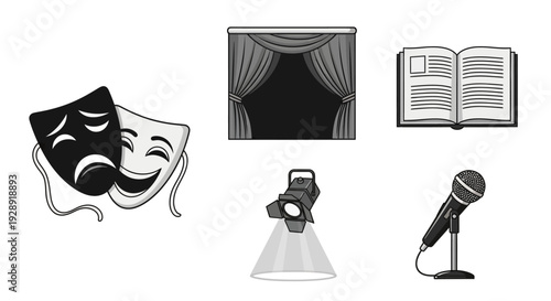 Theater Performance Icons: Masks, Stage, Book, Spotlight, Microphone