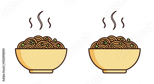 Two bowls of steaming noodles with peas, isolated on white background, flat illustration.