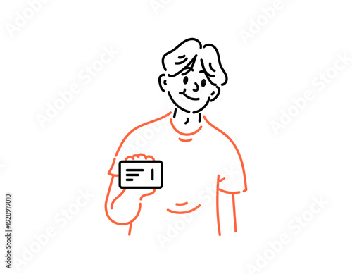 Illustration of a man holding an ID card. Holding a payment or credit card. Showing an ID card for verification and registration. Handsome man. Character with a simple line or doodle style