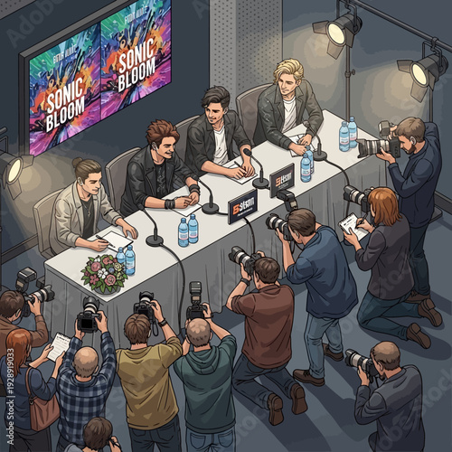 Four men at a press conference table answering questions from a crowd of photographers.