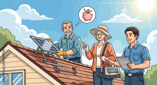 Happy family installing solar panels on roof together