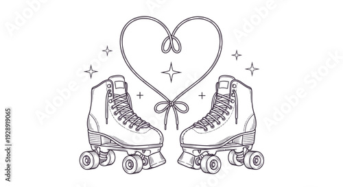 A pair of roller skates with a heart design and sparkles around it