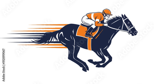 A horse and jockey racing fast on a track with motion lines