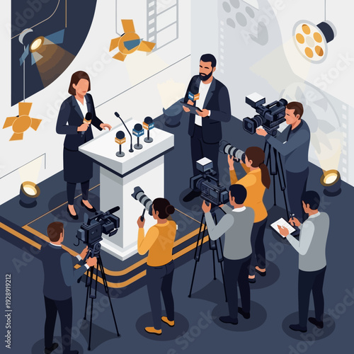 Journalists and reporters covering a press conference, capturing news and media events.