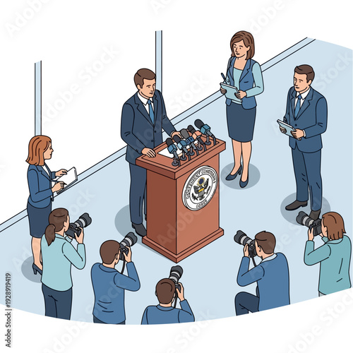 Politician giving a speech at a press conference surrounded by reporters and photographers.