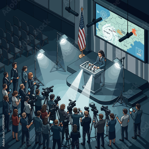 Press conference with a speaker at a podium addressing a crowd of journalists and cameramen.