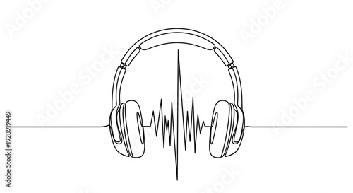 A minimalist line drawing of headphones with a sound wave emanating from them on a white background with a horizontal line