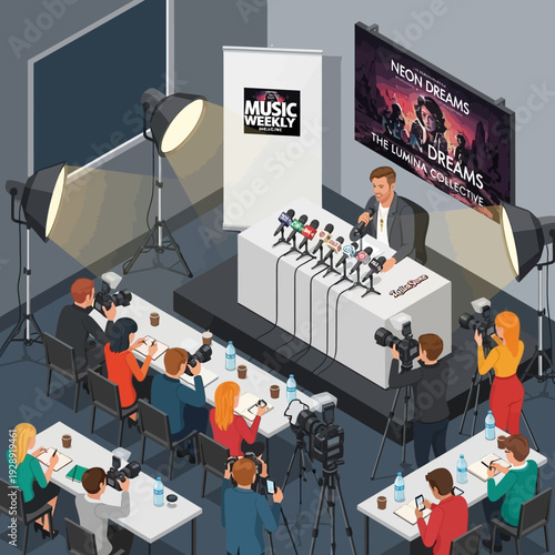 Press conference with a speaker at a podium addressing reporters and photographers.